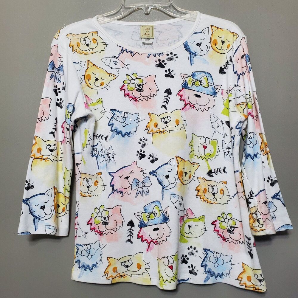 Jess And Jane Cat Medley Top Womens Size Small White Bedazzled Cotton USA